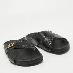 Fendi Black Crocodile and Leather Flat Slides Size 44