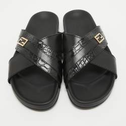 Fendi Black Crocodile and Leather Flat Slides Size 44