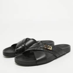 Fendi Black Crocodile and Leather Flat Slides Size 44