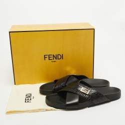 Fendi Black Crocodile and Leather Flat Slides Size 44