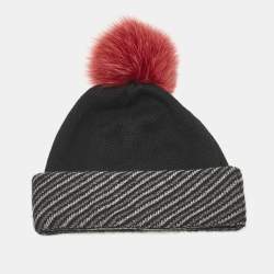 Fendi x Karl Lagerfeld Black Applique Cashmere Pom Pom Beanie 