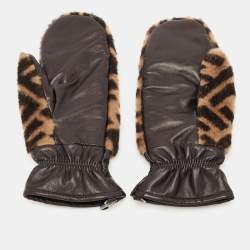 Fendi Brown FF Shearling and Leather Gloves 