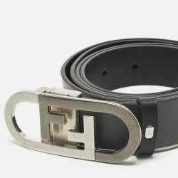 Pre Owned Fendi O'Lock Cut to Size Buckle Belt Black/Grey Leather