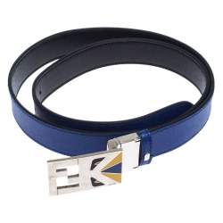 Pre Owned Fendi Blue/Black Leather Reversible Monster Belt 107CM