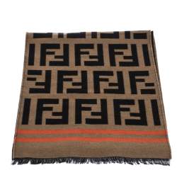Fendi Brown Contrast Stripe FF Wool Jacquard Scarf