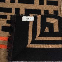 Fendi Brown Contrast Stripe FF Wool Jacquard Scarf