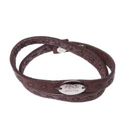 مملوكة مسبقًا Fendi Selleria Brown Leather Silver Tone Double Wrap Bracelet