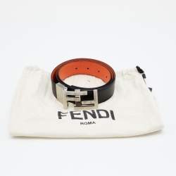Pre Owned Fendi Black/Orange Leather FF Logo Buckle Reversible Belt 90CM