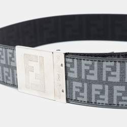 Pre Owned Fendi Grey/Black Zucca Coated Canvas Logo Plaque Reversible Belt 105 cm