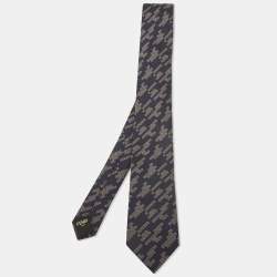Fendi Navy Blue Patterned Silk Skinny Tie