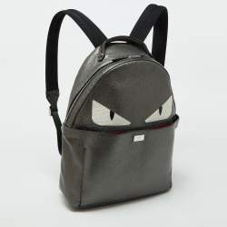 Fendi Metallic Grey Leather Monster Eyes Rounded Backpack
