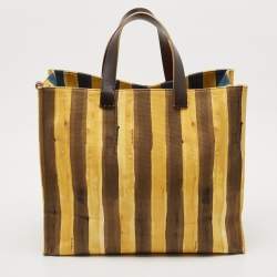 Fendi Yellow/Brown Fabric and Leather Stripe Shopper Tote
