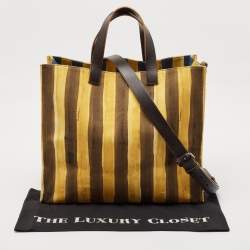 Fendi Yellow/Brown Fabric and Leather Stripe Shopper Tote