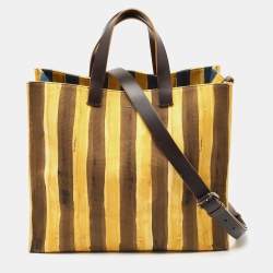 Fendi Yellow/Brown Fabric and Leather Stripe Shopper Tote