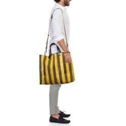 Fendi Yellow/Brown Fabric and Leather Stripe Shopper Tote
