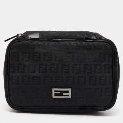 Fendi Black Zucchino Canvas and Leather Zip Around Pouch