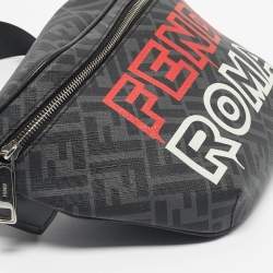 Pre Owned Fendi Black/Grey FF Coated Canvas Logo Print Belt Bag