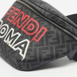 Pre Owned Fendi Black/Grey FF Coated Canvas Logo Print Belt Bag