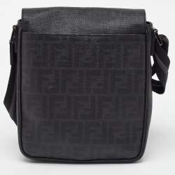 Pre Owned Fendi Black Zucca Coated Canvas Flap Messenger Bag