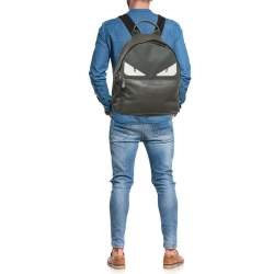 Pre Owned Fendi Grey/Black Leather and Nylon Dolce Monster Eyes Rounded Backpack