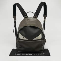 Pre Owned Fendi Grey/Black Leather and Nylon Dolce Monster Eyes Rounded Backpack
