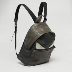 Pre Owned Fendi Grey/Black Leather and Nylon Dolce Monster Eyes Rounded Backpack