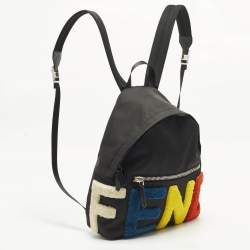 Pre Owned Fendi Logo Multicolor Shearling Fur and Nylon Backpack