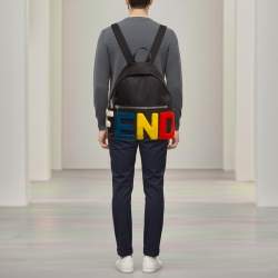 Pre Owned Fendi Logo Multicolor Shearling Fur and Nylon Backpack