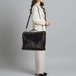 Pre Owned حقيبة فندي بيكابوو كبيرة شعر عجل وجلد أزرق بحري/أسود للوثائق