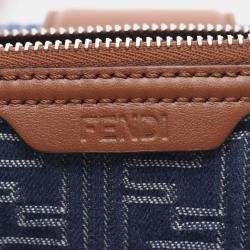 Pre Owned Fendi Double Baguette Zucca Shoulder Bag Canvas And Leather Navy Brown