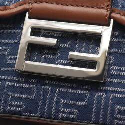 Pre Owned Fendi Double Baguette Zucca Shoulder Bag Canvas And Leather Navy Brown