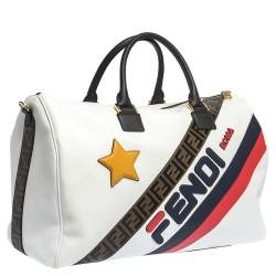 Pre Owned Fendi White Leather Logo Mania Weekender Bag