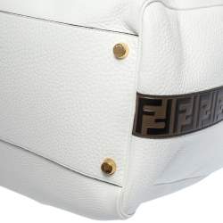 Pre Owned Fendi White Leather Logo Mania Weekender Bag