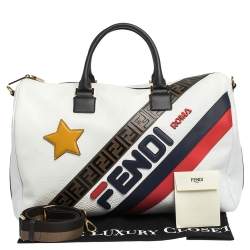 Pre Owned Fendi White Leather Logo Mania Weekender Bag