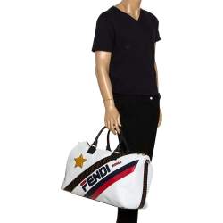 Pre Owned Fendi White Leather Logo Mania Weekender Bag