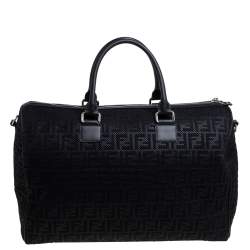 Pre Owned Fendi Black Zucca Mesh and Leather Duffle Bag