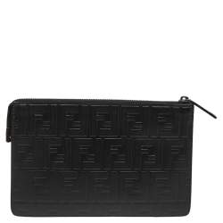 Fendi Black Zucca Embossed Leather Motif Zip Clutch