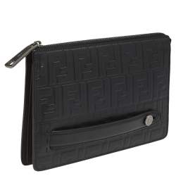 Fendi Black Zucca Embossed Leather Motif Zip Clutch