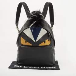 مملوكة مسبقًا Fendi Grey/Black Selleria Leather and Fur Monster Eyes Backpack