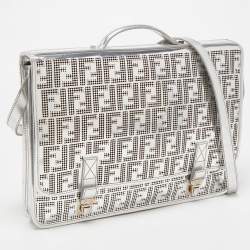 Fendi Silver Perforated FF Mirror Leather Briefcase Bag