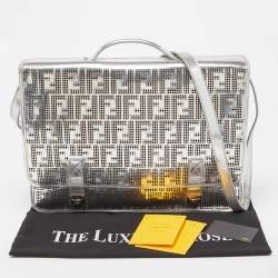 Fendi Silver Perforated FF Mirror Leather Briefcase Bag
