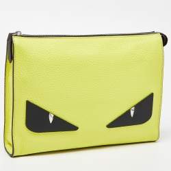 Pre Owned Fendi Yellow/Black Leather Monster Eyes Zip Pouch