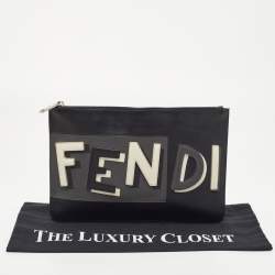 Pre Owned Fendi Black Leather Vocabulary 3D Logo Zip Pouch