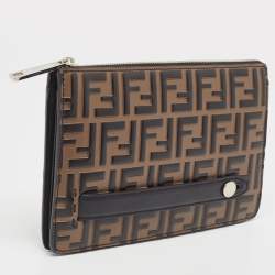 Fendi Black/Tobacco Zucca Embossed Leather Zip Pouch
