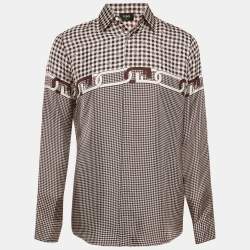 Fendi Brown Houndstooth Print Silk Button Front Shirt L
