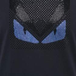 Pre Owned Fendi Navy Blue Crystal Monster Eyes Embellished Cotton T-Shirt M