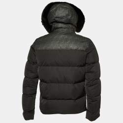 Fendi Black Zucca Print Synthetic Detachable Fur Hooded Down Jacket M