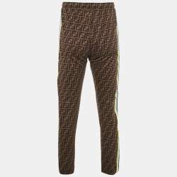 Pre Owned Fendi Brown Zucca Monogram Cotton Multicolor Stripe Detail Joggers M