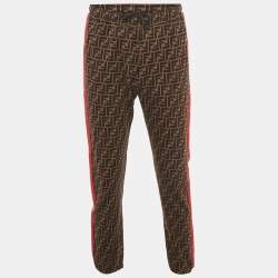 Pre Owned Fendi Brown Zucca Monogram Cotton Multicolor Stripe Detail Joggers M
