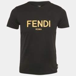 Pre Owned Fendi Black Leather Logo Applique Jersey Crew Neck T-Shirt S